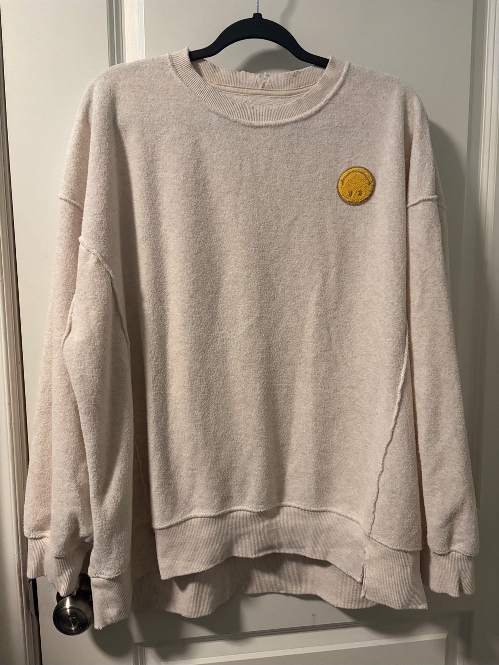 aerie Cream Crewneck Sweater with Yellow Smiley Patch